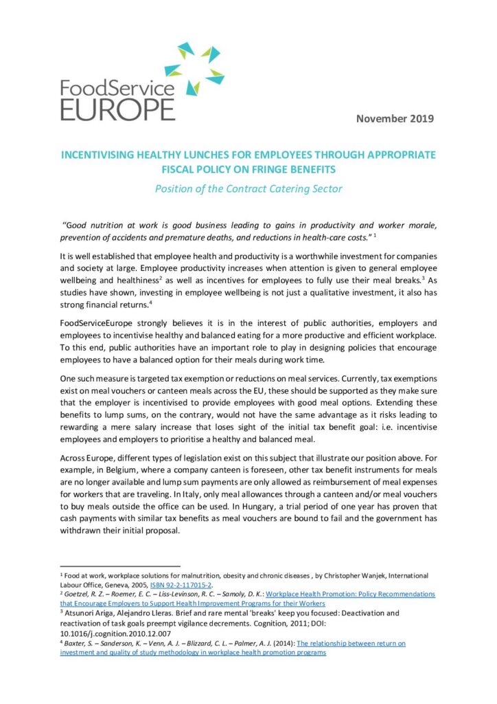 Inciter à des repas sains pour les employés grâce à une politique fiscale appropriée sur les avantages sociaux: position du secteur de la restauration collective