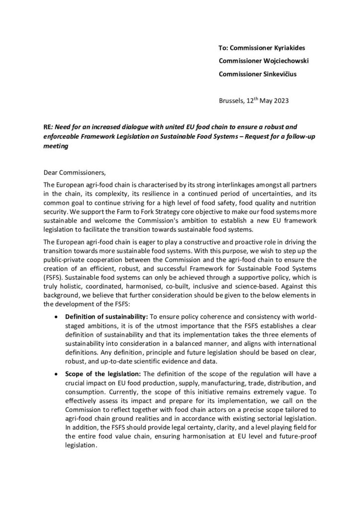 Lettre commune de la chaîne agroalimentaire sur le FSFS